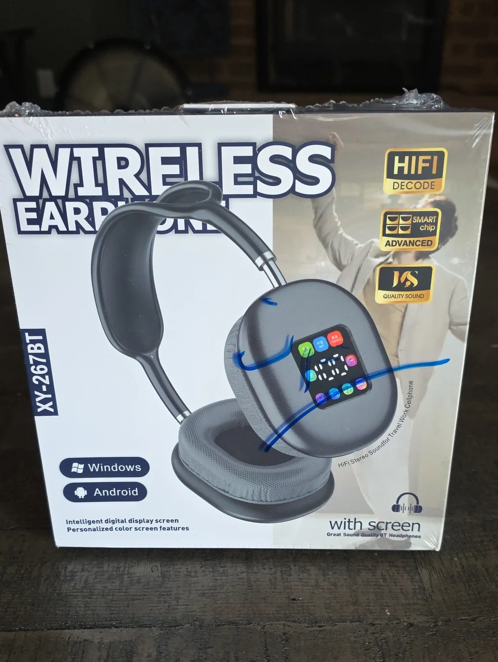 Wireless Over-Ear Headphones with Color Screen - Black